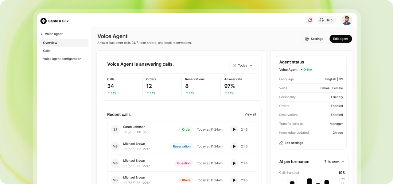 Tilvo AI Voice Agent call transcript and live order