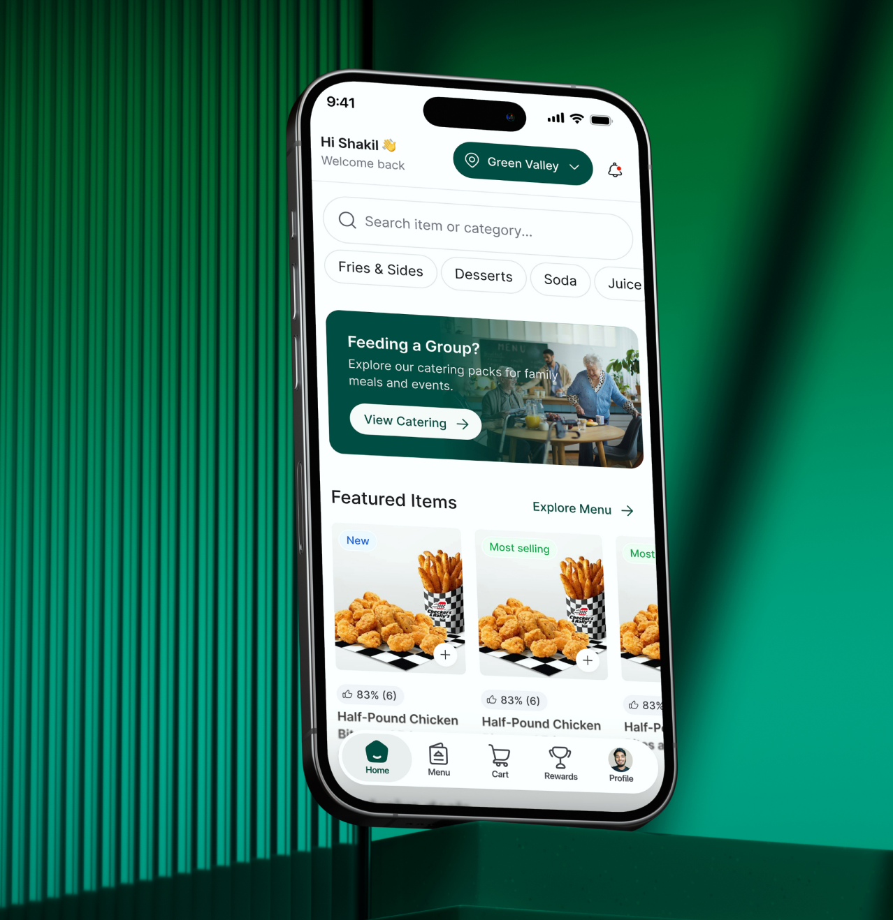 Branded mobile ordering app showing featured menu items and fast checkout