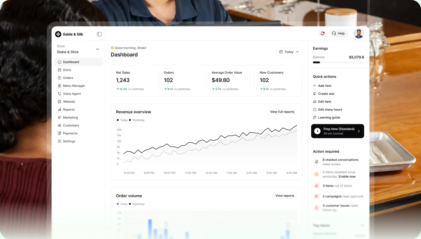 Tilvo Autonomous Restaurant Operating System sales and operations dashboard