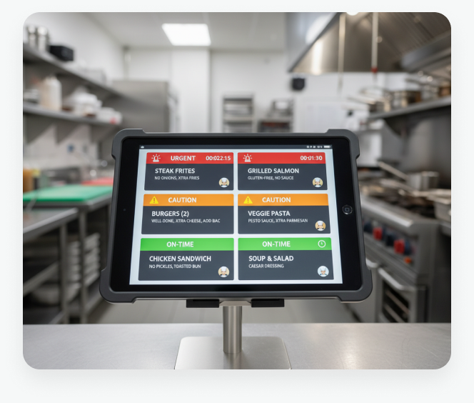 Kitchen display with live tickets, station routing, and bump controls