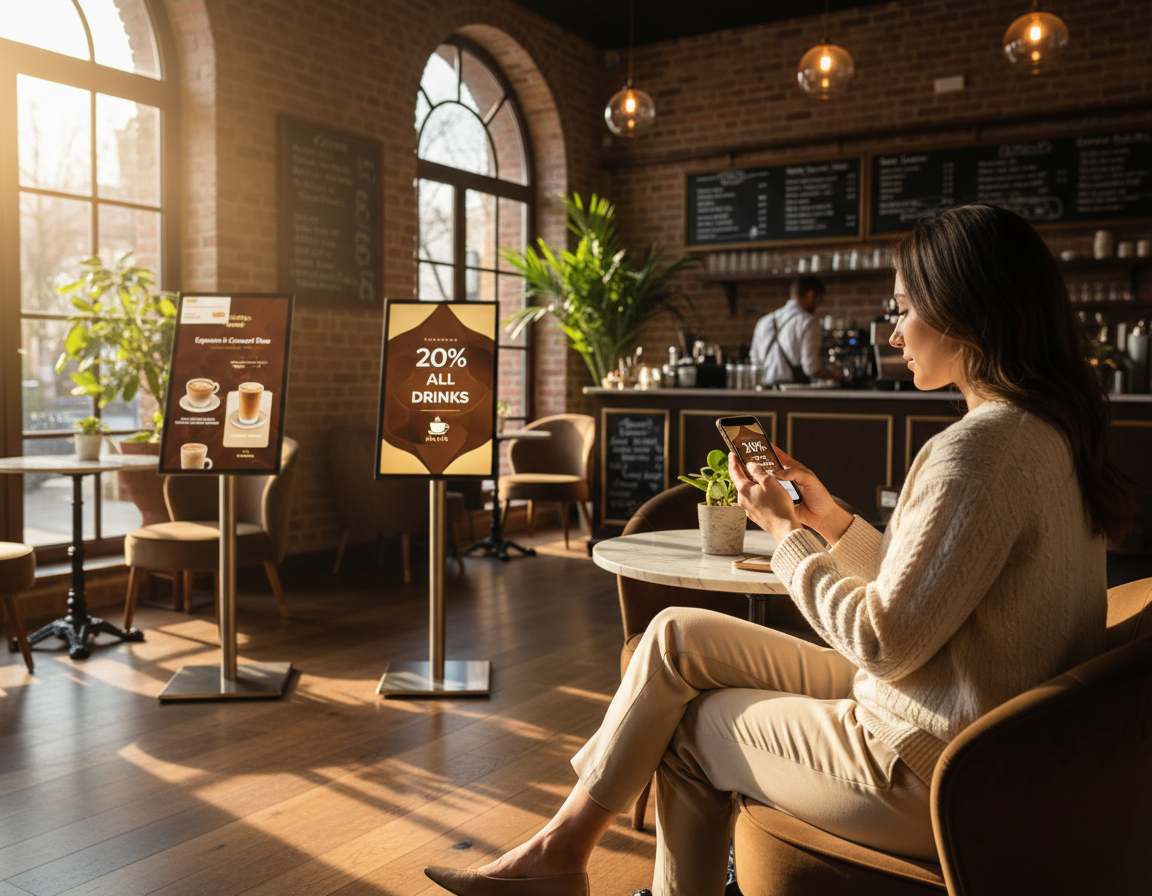 Guest receiving a targeted promotion on their phone in a cafe