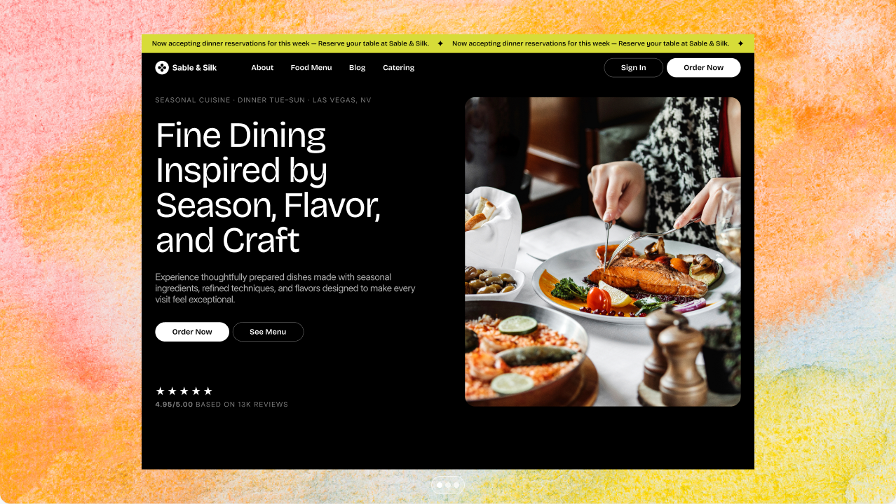 Fine dining restaurant website with seasonal cuisine hero and dish photography