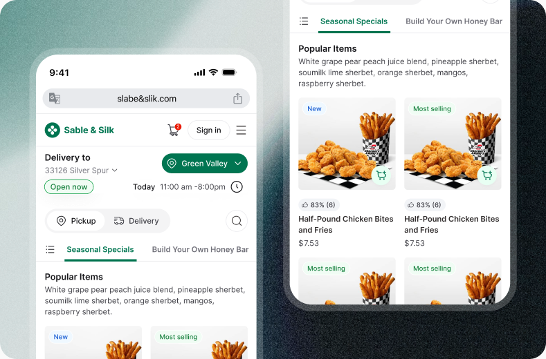 Mobile restaurant menu with pickup, delivery, and featured dishes