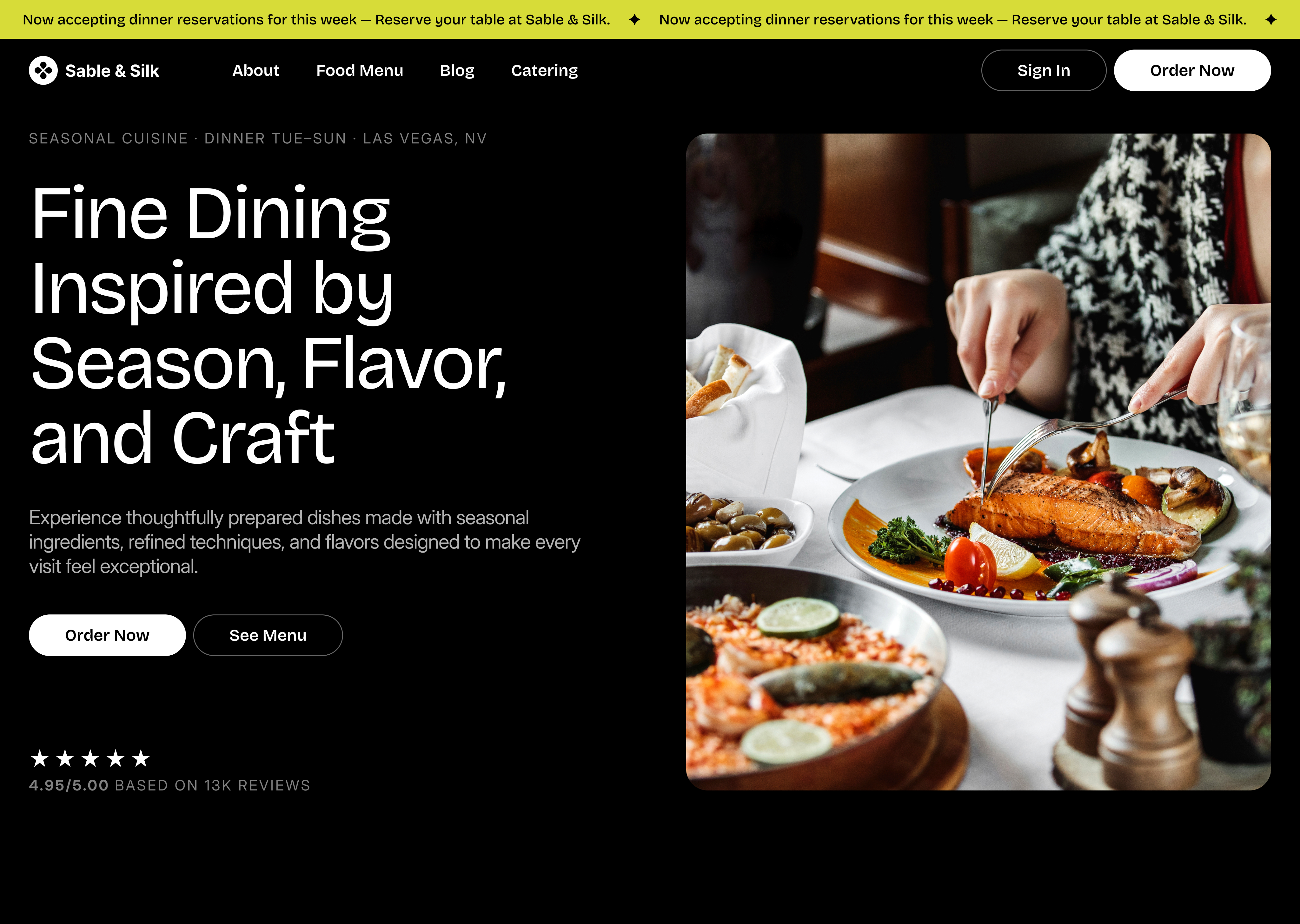 Sable & Silk restaurant website with fine-dining photography, menu navigation, reservations, and direct ordering